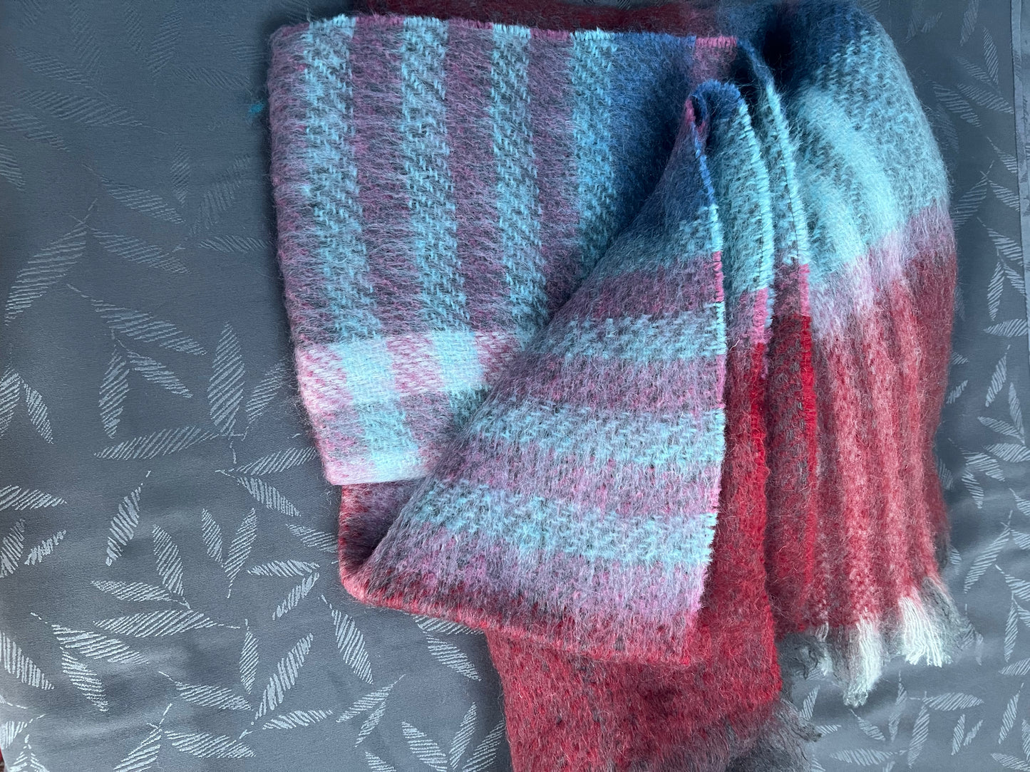 Mohair Wool Throw - Magenta Red & Grey
